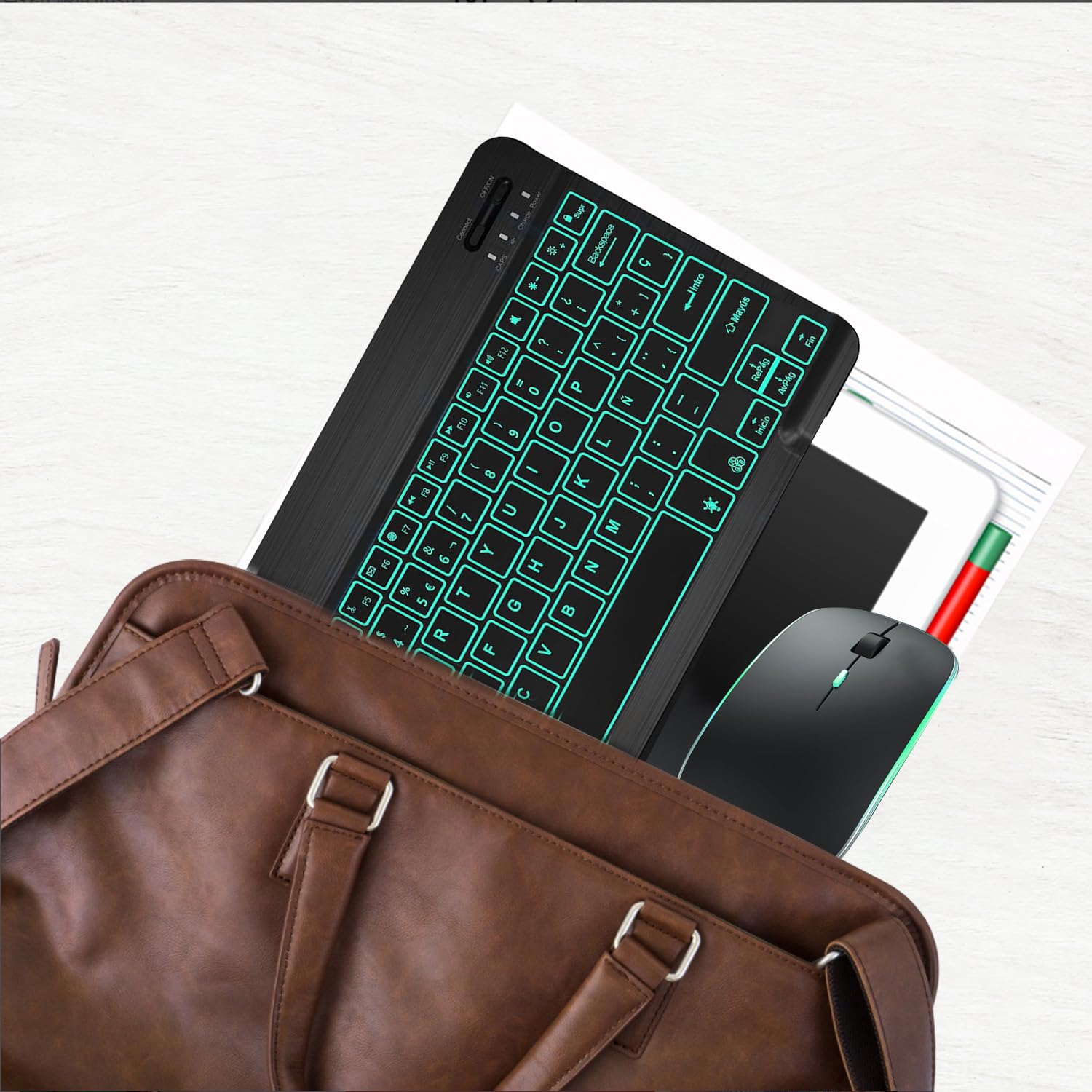 Retroiluminado Teclado y Ratón Inalámbrico Bluetooth, Teclado y Ratón Recargables Silenciosos y Portátiles para iPad Tablet/PC/iOS/Android/Windows, QWERTY Español Ñ, Retroiluminado