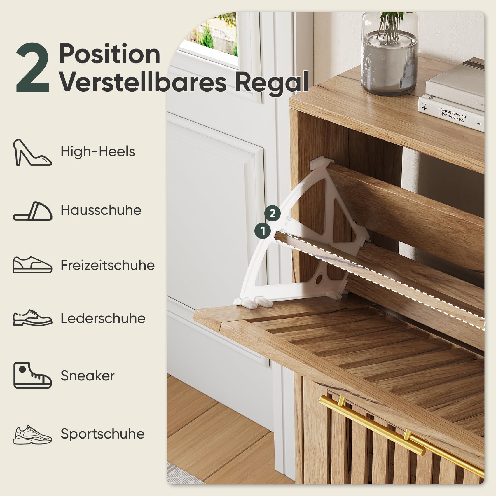 Smart FENDEE Schuhschrank mit 2 klappbaren Lattenschubladen, schmaler Schuhschrank aus Holz mit goldfarbenem Griff, versteckter Eingang, Schuh-Organizer für Flur, Foyer, Naturholz 60B cm