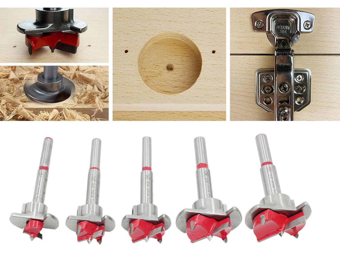 Lot de 5 forets Forstner, 15 mm, 20 mm, 25 mm, 30 mm, 35 mm, en acier au carbone, positionnement ajustable, travail du bois, foret à charnière, foret pour bois tendre et dur