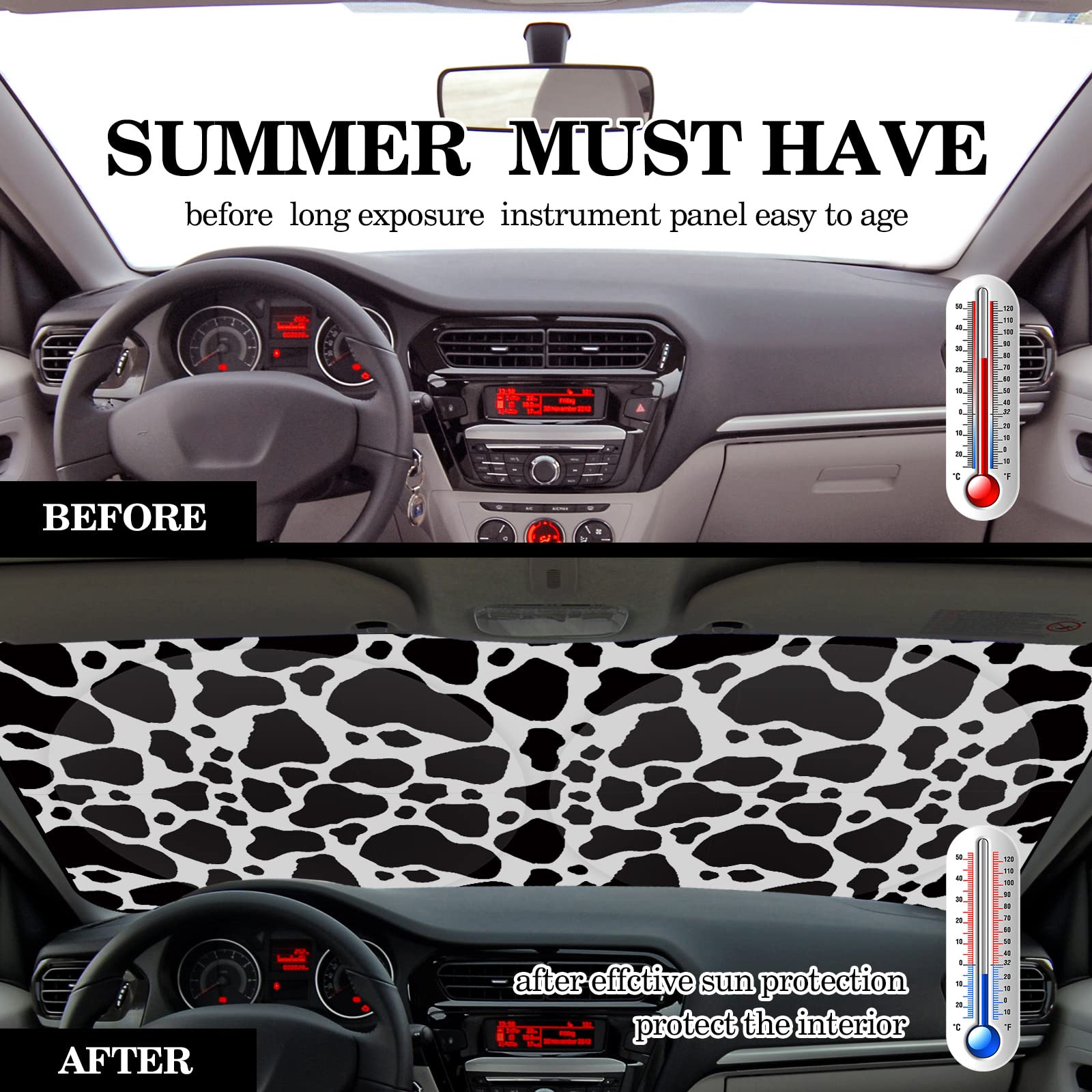 Parasol plegable para parabrisas delantero de coche, accesorios para coche, calor solar, rayos UV, protector de visera para coches, SUV, camiones (estampado de vaca)
