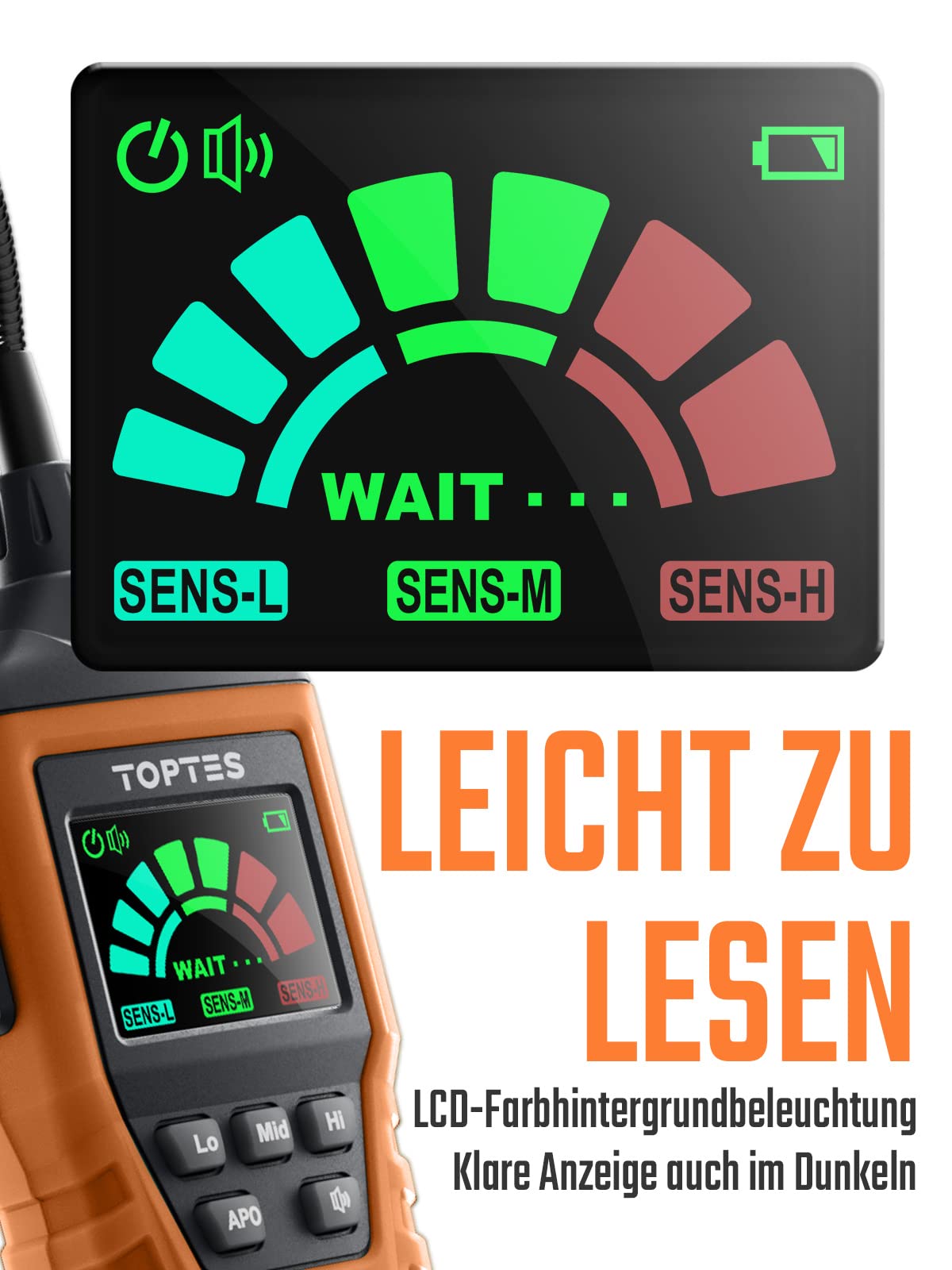 Gasmelder, TopTes PT520A Erdgasdetektor für Zuhause und Wohnmobil mit 43,5 cm Sonde zur Ortung von Gaslecks wie Propan, LPG (3X AAA-Batterien inklusive, deutsche Bedienungsanleitung) - Orange
