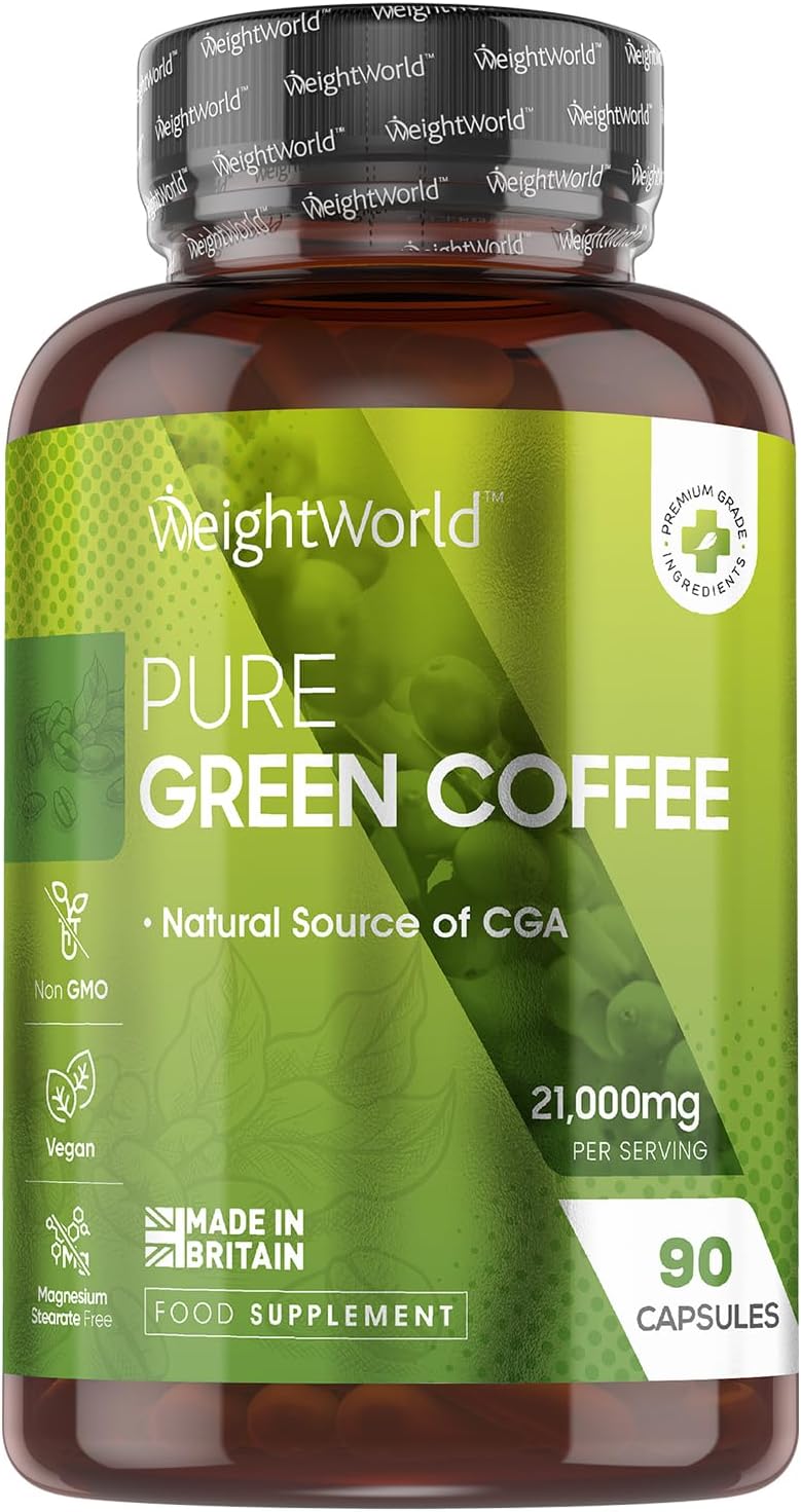 Pure Green Coffee Capsules | 21,000mg per Serving | 90 Unroasted Green Coffee Capsules | Vegan | Natural Source of Chlorogenic Acid | Made in Britain