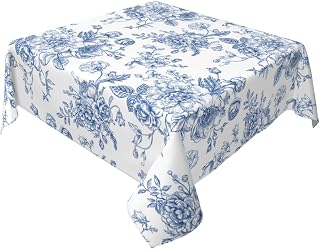 Blue Floral Round Tablecloth 54x54 Inch Square, Blue and White Chinoiserie Flower Toile Table Cloth Spring Decorations Polyester Stain Resistance Table Cover for Party Picnic Kitchen Decor
