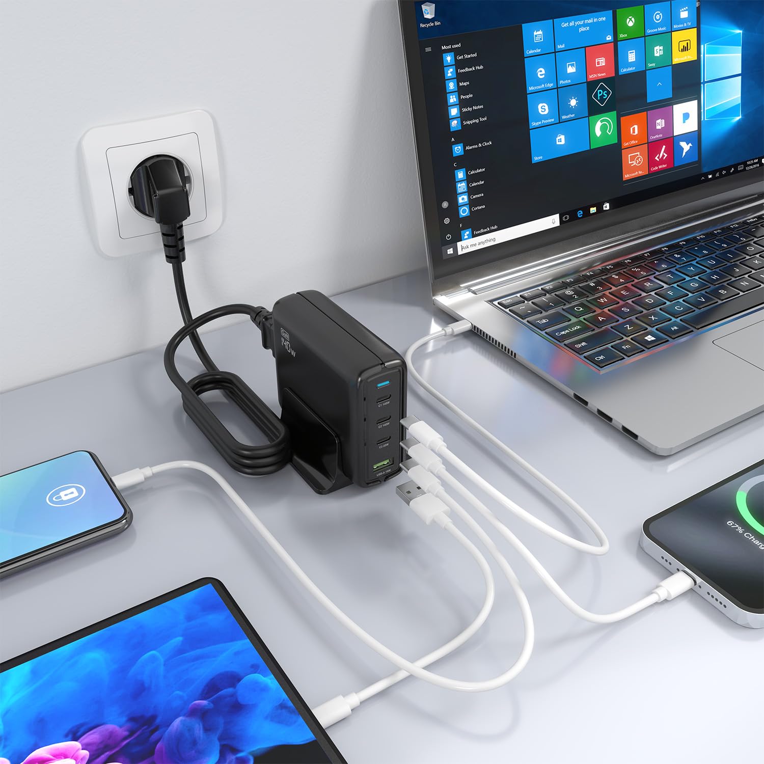 AISENS Cargador sobremesa GAN 140 W, 3 x USB-C PD3.1 QC4.0 QC5.0, 1 x USB-A QC3.0, Negro