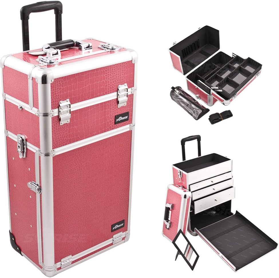 Professional Rolling Trolley Makeup Storage Case, Hot Pink Crocodile