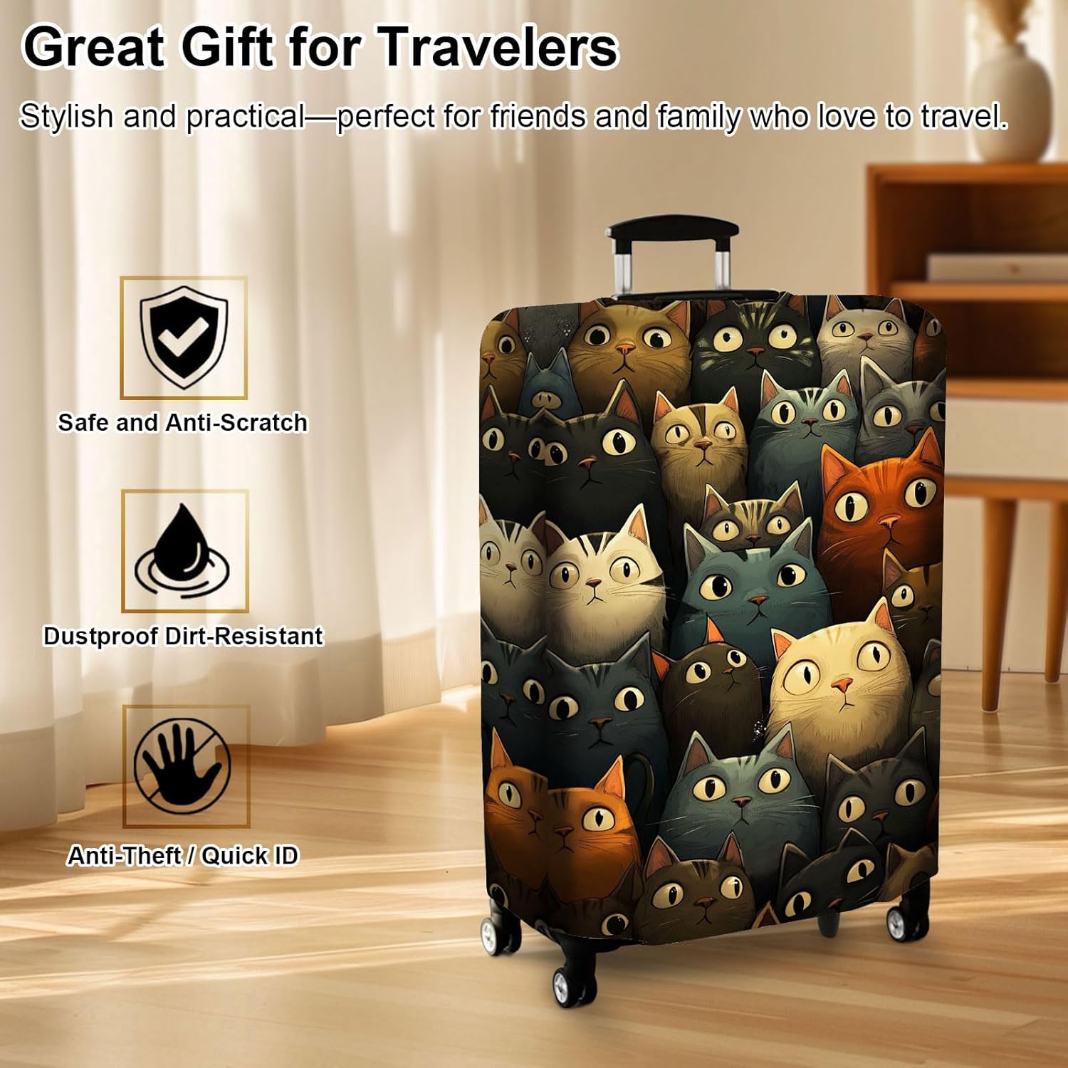 Luggage Cover Protector for 22-24 Inch Suitcases, TSA Approved Elastic Travel Suitcase Covers, Anti-Scratch Washable Luggage Sleeve for Carry On & Checked Bags, Cartoon Cats Pattern