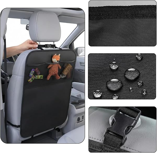 Pack of 2 Car Backrest Protection, Car Seat Protector for Children, Waterproof Fabric to Keep Car Clean and Tidy with 3 Organization Pockets, Black - 3