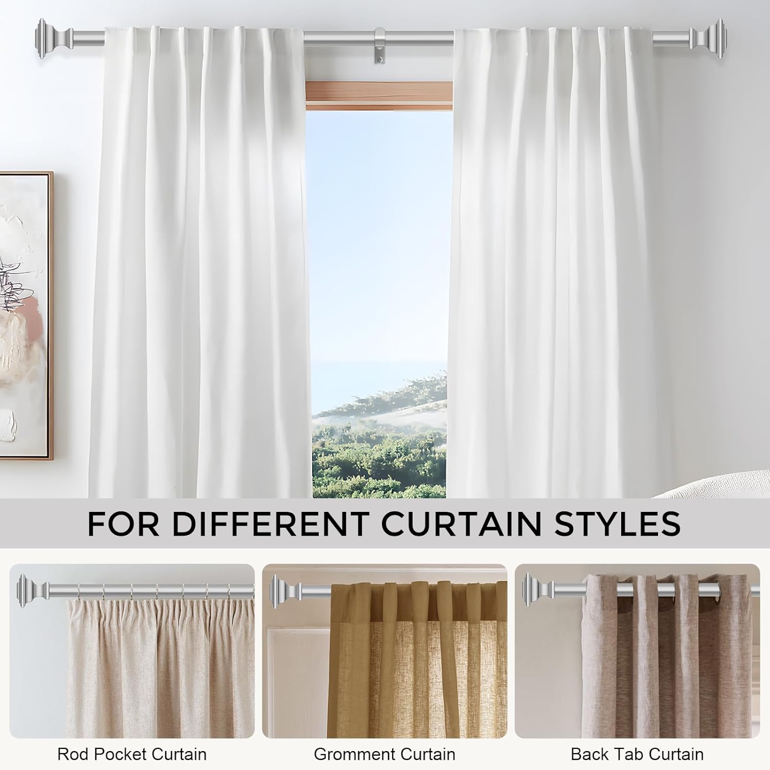 VOIIY Curtain Rods for Windows 48 to 84 Inch(4-7 Feet), 1" Diameter Silver Drapery Rods with Square Finials, Size:36-88 Inch, Silver