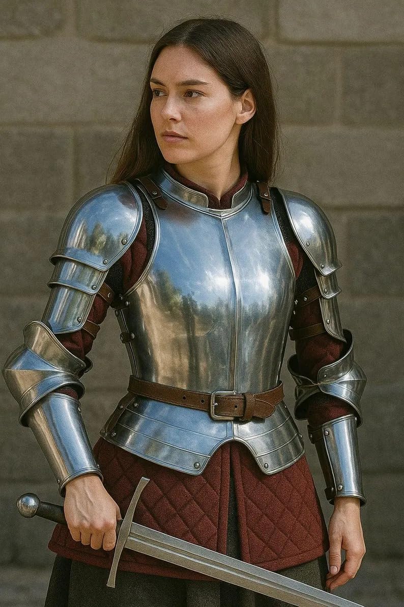 Medieval Knight Women’s Steel Armor Suit – 18 Gauge Handcrafted Wearable Body Armor with Breastplate, Pauldrons, Arm Guards & Gauntlets for LARP, Cosplay & Renaissance Costume (Sword Not Included)