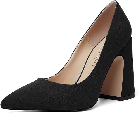 AMBELIGHT Womens Slip On Solid Suede Pointed Toe Wedding Fashion Chunky High Heel Pumps Shoes 4 Inch