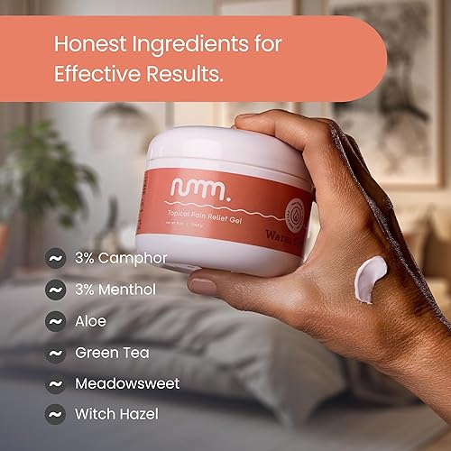 Miniatura 4 de numm. Gel tópico para aliviar el dolor, chisporroteo cálido, 3% alcanfor, 3% mentol, aroma a menta cítrica naranja, tarro de 8 onzas