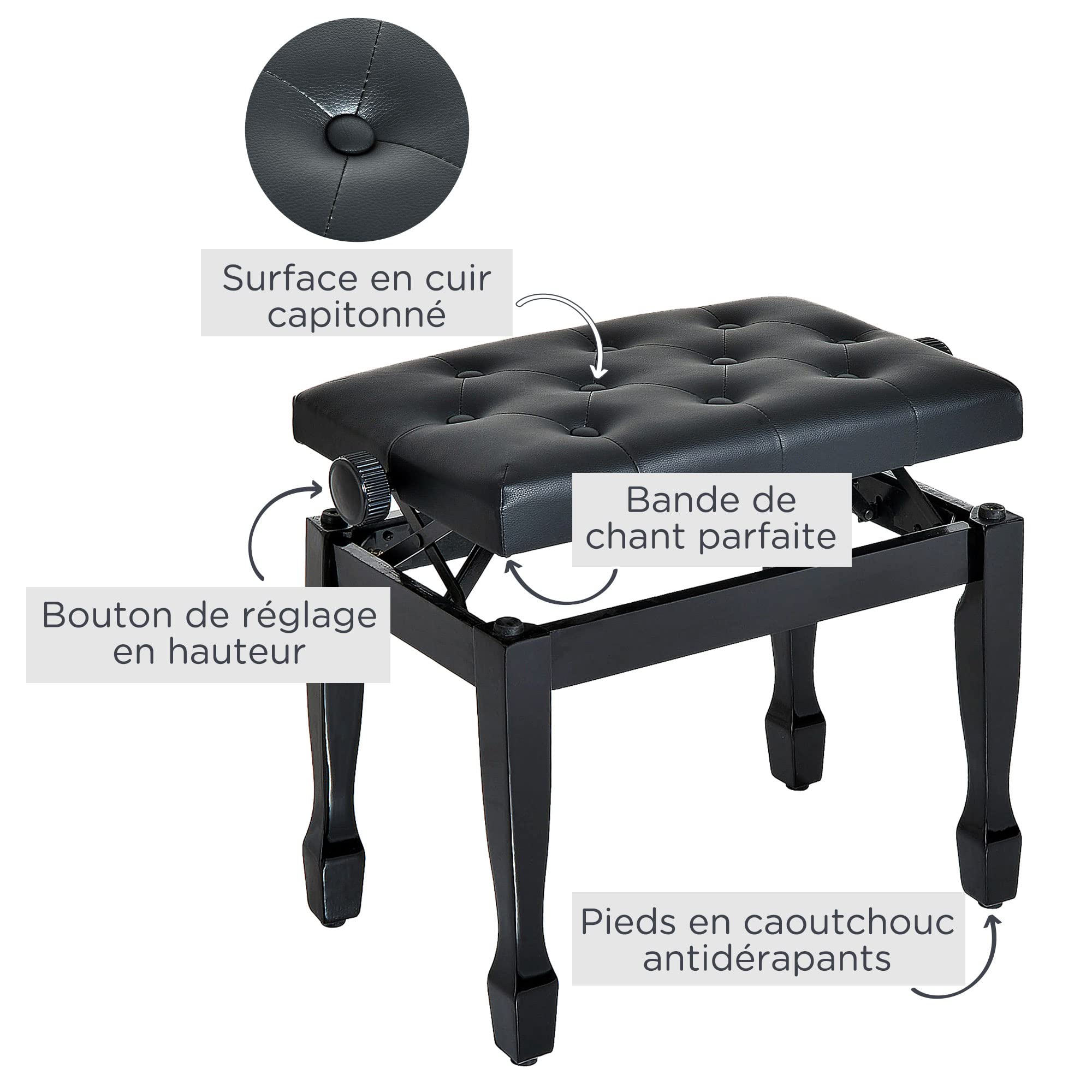 HOMCOM Panca da pianoforte, Panca da tastiera regolabile in altezza in legno massello, Sgabello pianoforte con seduta imbottita in poliuretano a 10 pulsanti, stabile e antiscivolo, carico 200 kg, nero