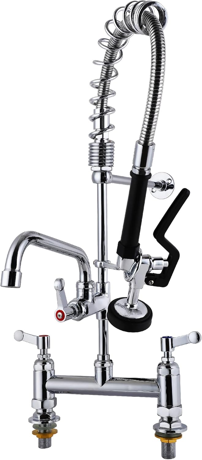 MaxSen Commercial Sink Faucet with Sprayer 8 Inch Center Deck Mount Pre Rinse Faucet 25 Inch Height Restaurant Kitchen Faucet Polished Chrome with Pot Filling and 8 Inch Add On Spout.