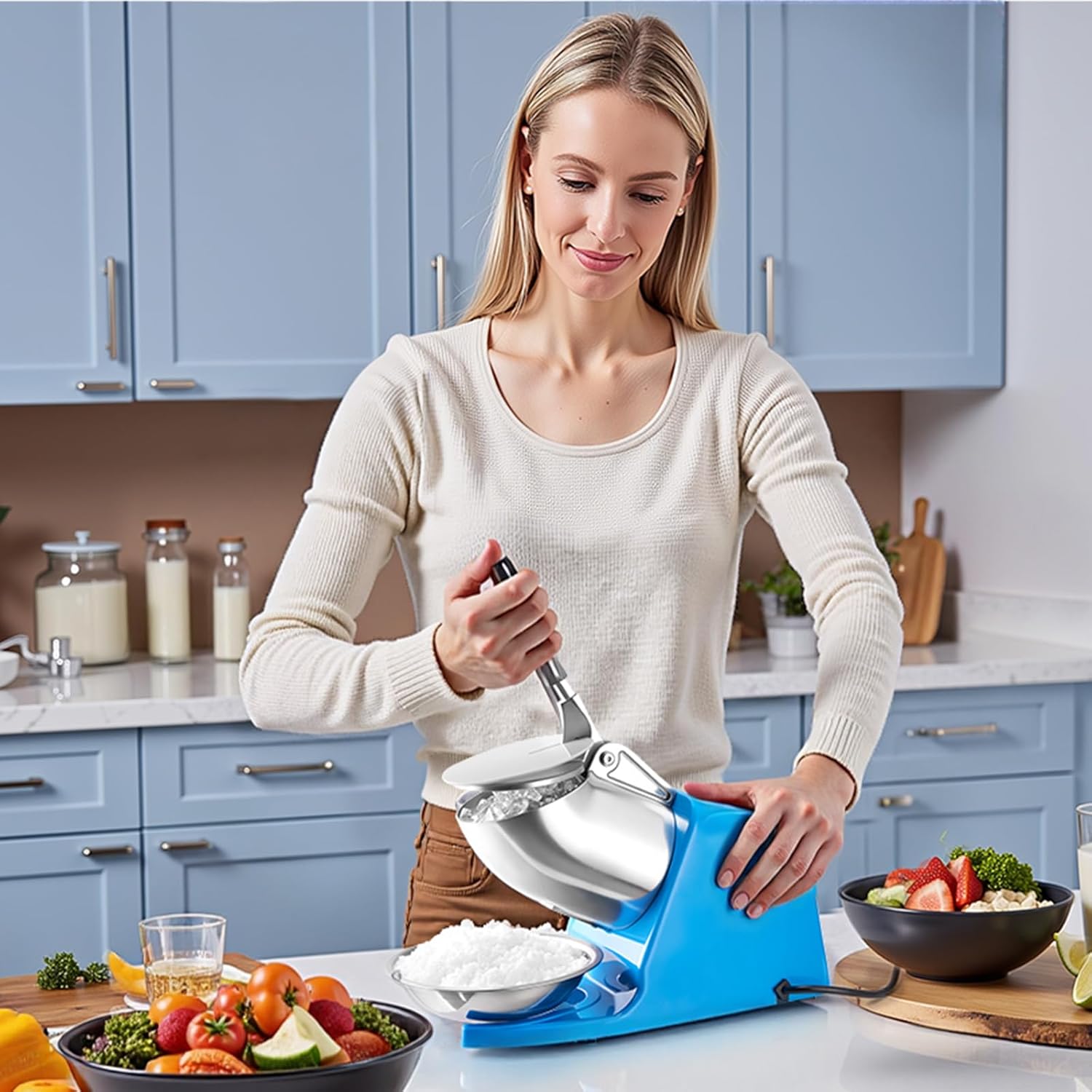Woman operating the VEVOR Ice Crusher Machine in a kitchen, making shaved ice