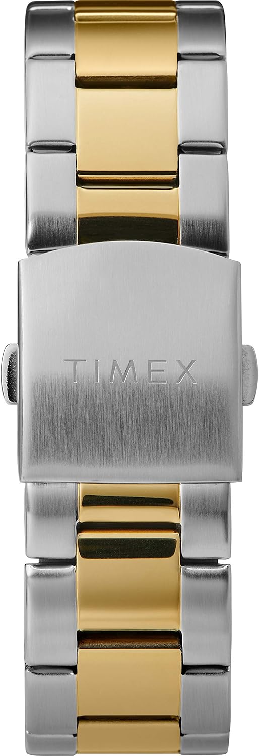 Close-up of the watch's deployment clasp with Timex logo
