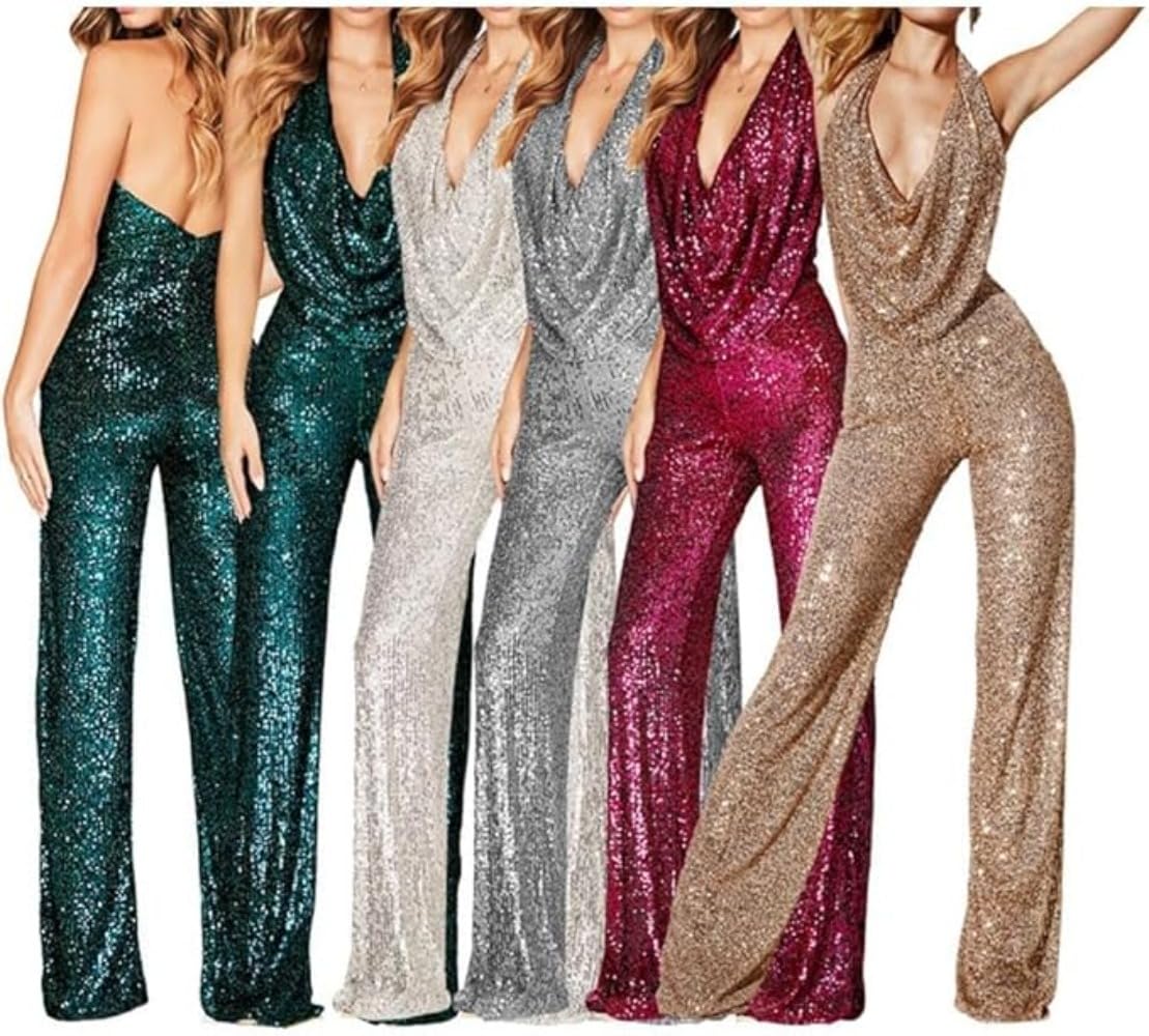 Pailletten-Jumpsuit, Pailletten Jumpsuit Damen Elegant Glitzer Jumpsuits Festlich, Festival Playsuit Lang Ärmellos Romper, hängender Hals für Club-Partys und besondere Anlässe, L