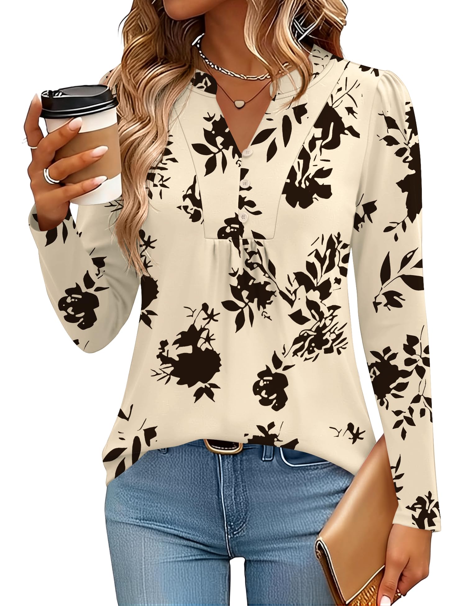 IECCP Long Sleeve Shirts for Women Dressy Henley V-Neck Pleated Fall Tops