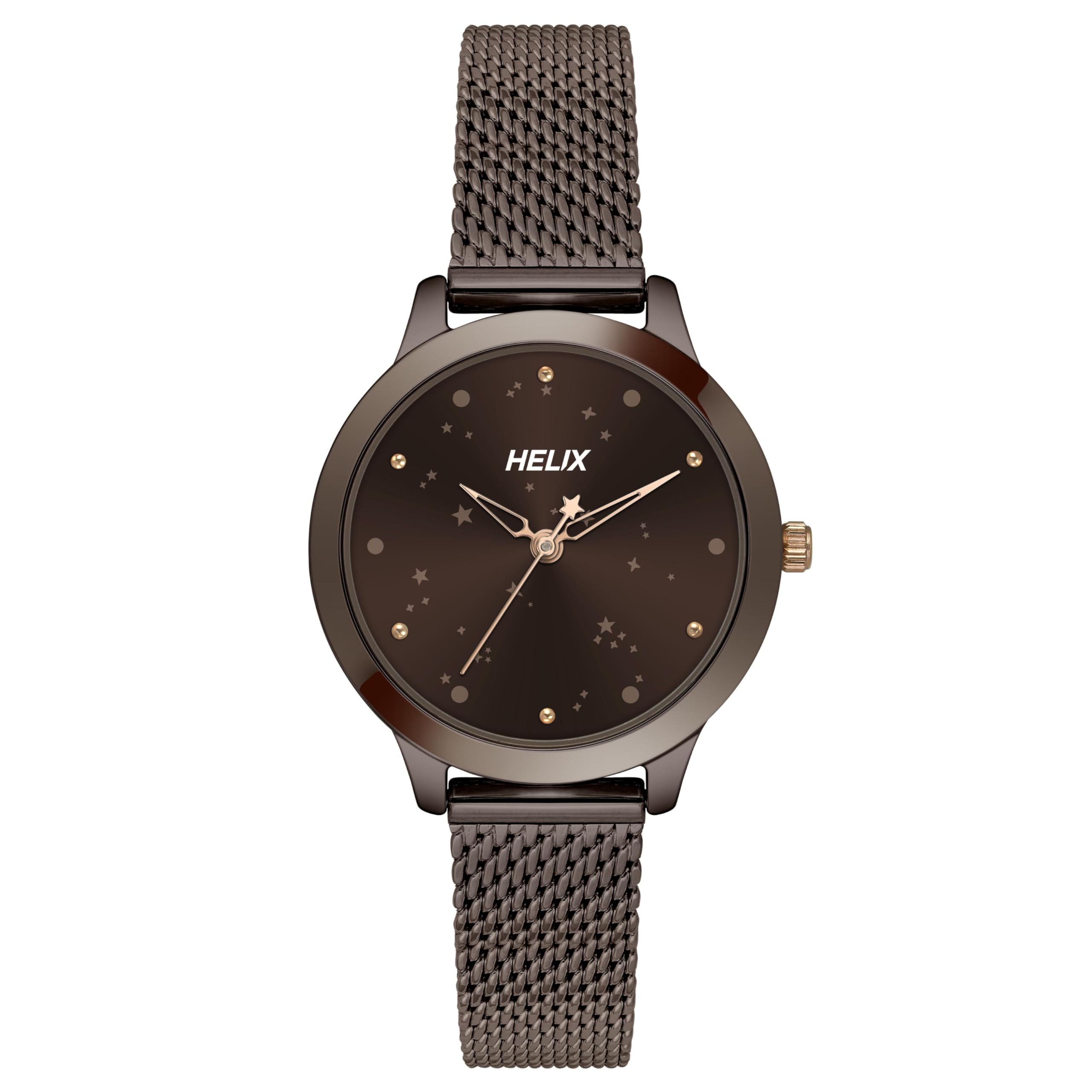 Helix by Timex Brown Round Analog Watches for Women | Quartz Movement Stainless Steel Mesh Bracelet Ladies Watches | Upto 30 m Water Resistance with Foldover Clasp Closure | Gift for Women TW022HL37 (B0D75SC42G) Amazon Price History, Amazon Price Tracker