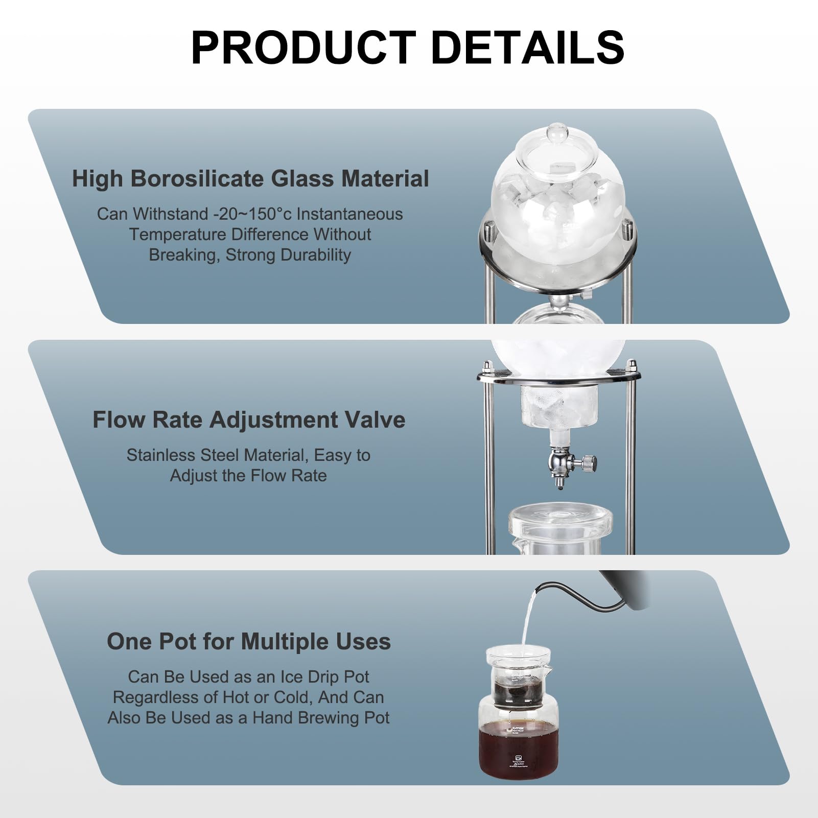 Cold-drip-kaffeemaschine, Cold Brew Tropfturm, Ice Cold Brew Dripper Kaffeemaschine, Wiederverwendbarer 600 ML Glasfilter Transparenter, Edelstahlständer DIY Coffee Maker Glaskaraffe