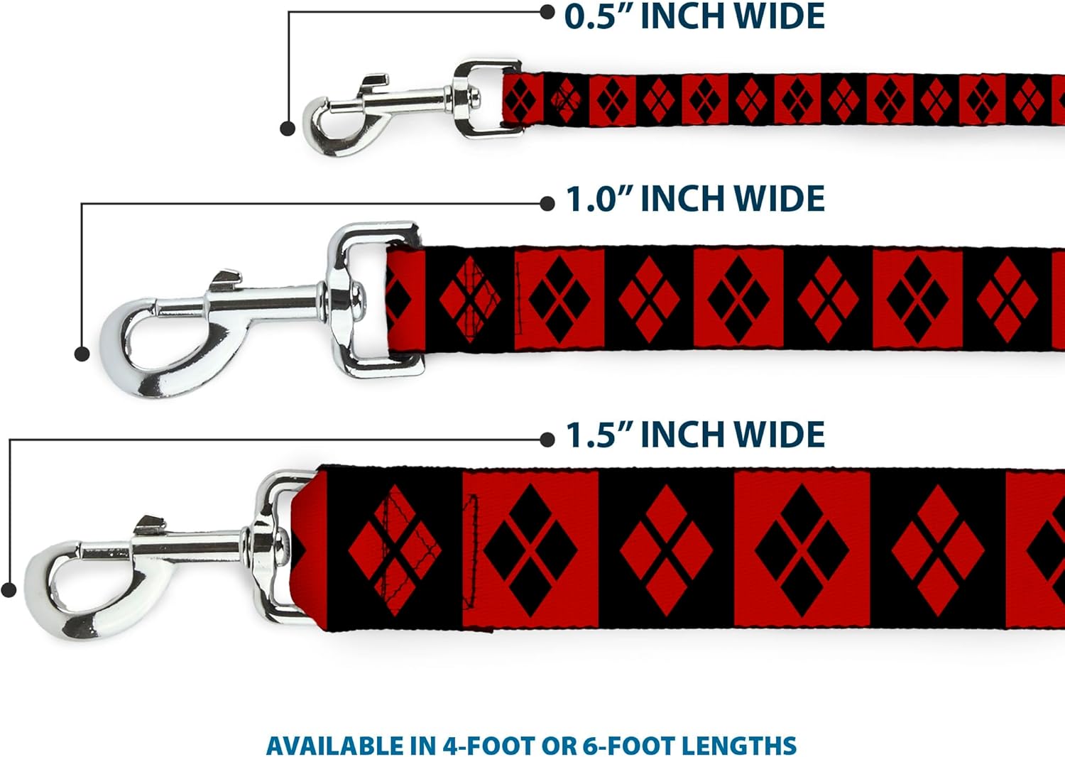 Buckle-Down Dog Leash Harley Quinn Diamond Blocks Red Black Black Red 4 Feet Long 1.5 Inch Wide, Multicolor (DL-WJK024-W)