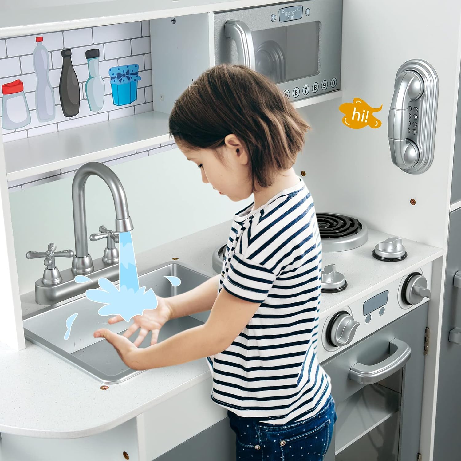 GOLDORO Kitchen Play Set for Kids Wooden Kitchen Toy Set for Toddlers with Telephone and Ice Maker Gift for Boys Girls, Ages 3+ : Toys & Games