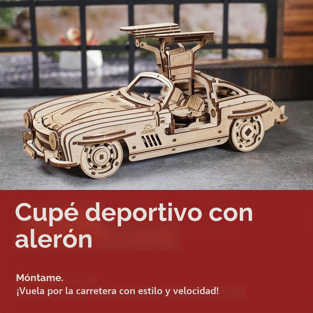 UGEARS - Coupé Deportivo Alado Rompecabezas 3D - Escala 1:24 Rompecabezas de Madera 3D para Adultos - Kit de maqueta de Coche - Kits de maquetas con Puertas de ala de Gaviota funcionales 262 Piezas