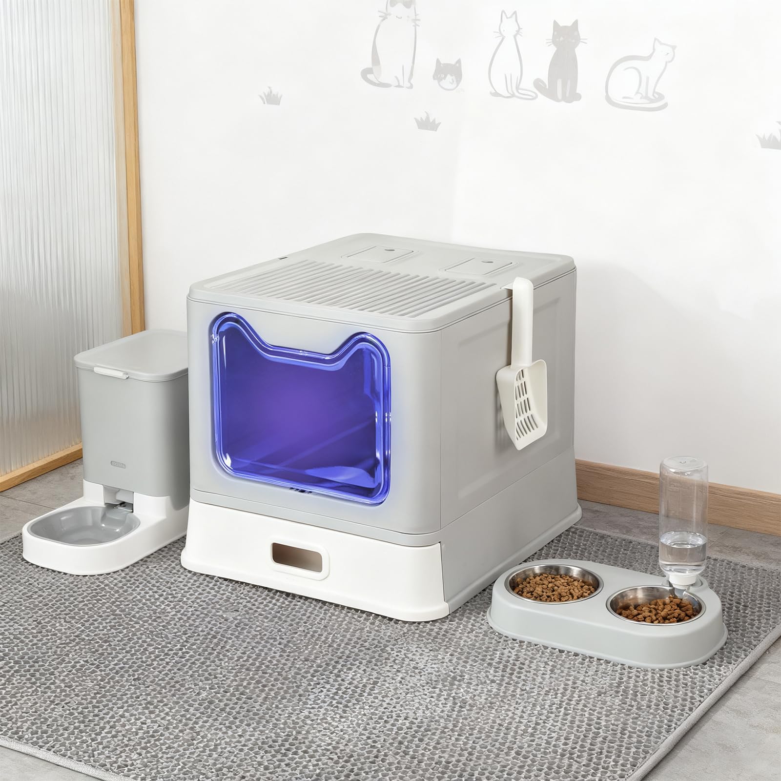 Caja de Arena Plegable para Gatos de Acero Inoxidable, Pala, Casa de Baño Fácil de Limpiar, Resistente a Olores, Adecuada para Gatos Grandes, 41 x 51 x 38 cm, Acero Inoxidable (Gris) (B)