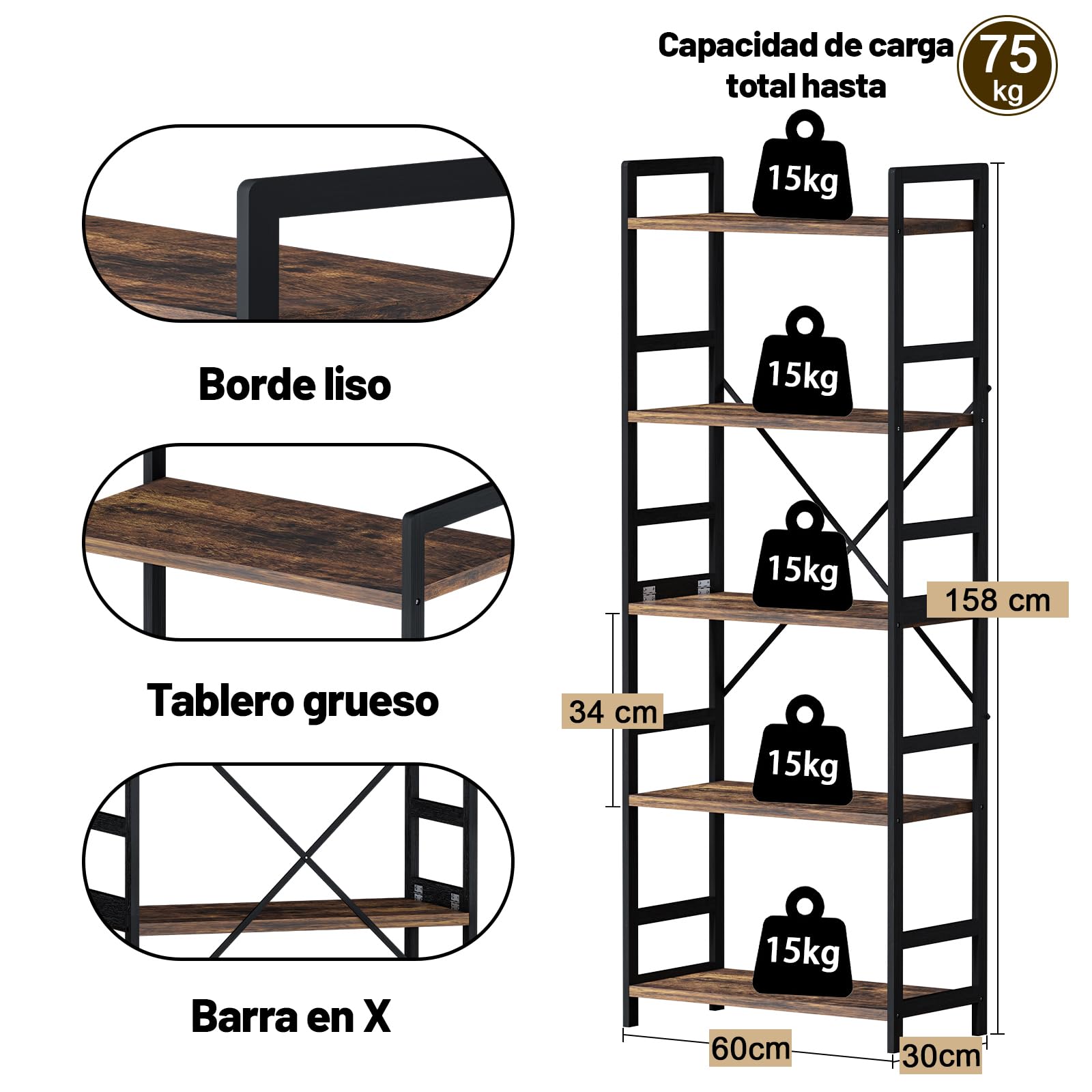 Estanteria de Libros de 5 Niveles, Libreria Estanteria Madera, Industrial Estanterias Almacenaje para Salon, Habitacion, Dormitorio, Oficina (30 x 60 x 158 cm, Vintage Marrón-Negro)