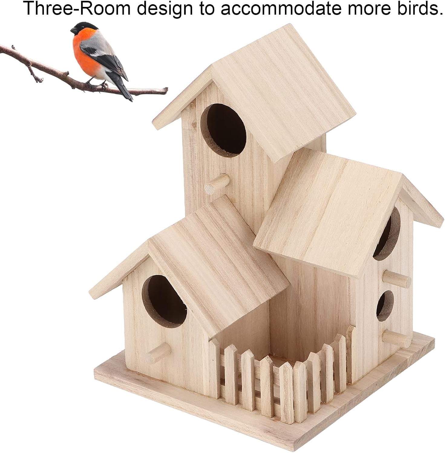Bird Houses for Outside, 4 Hole Kids Adults DIY Birdhouse for Painting, Mini Handmade Arts and Crafts Wooden Bird House for Garden and Patio Decorative, 6.1" x 6.1" x 7.9" (3 Room)