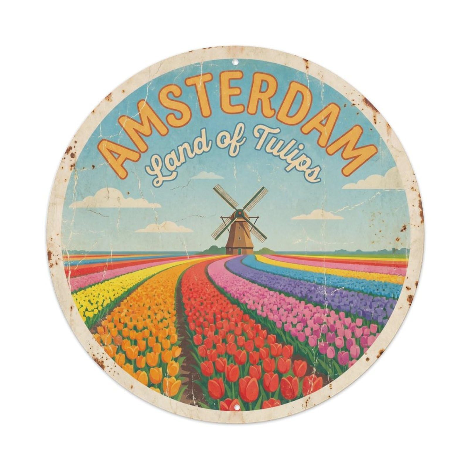 Vintage Travel Amsterdam Tulip Fields Metal Tin Sign Plaque Wall Decor for Cafe, Club, Garden Round Metal Poster 8x8Inch