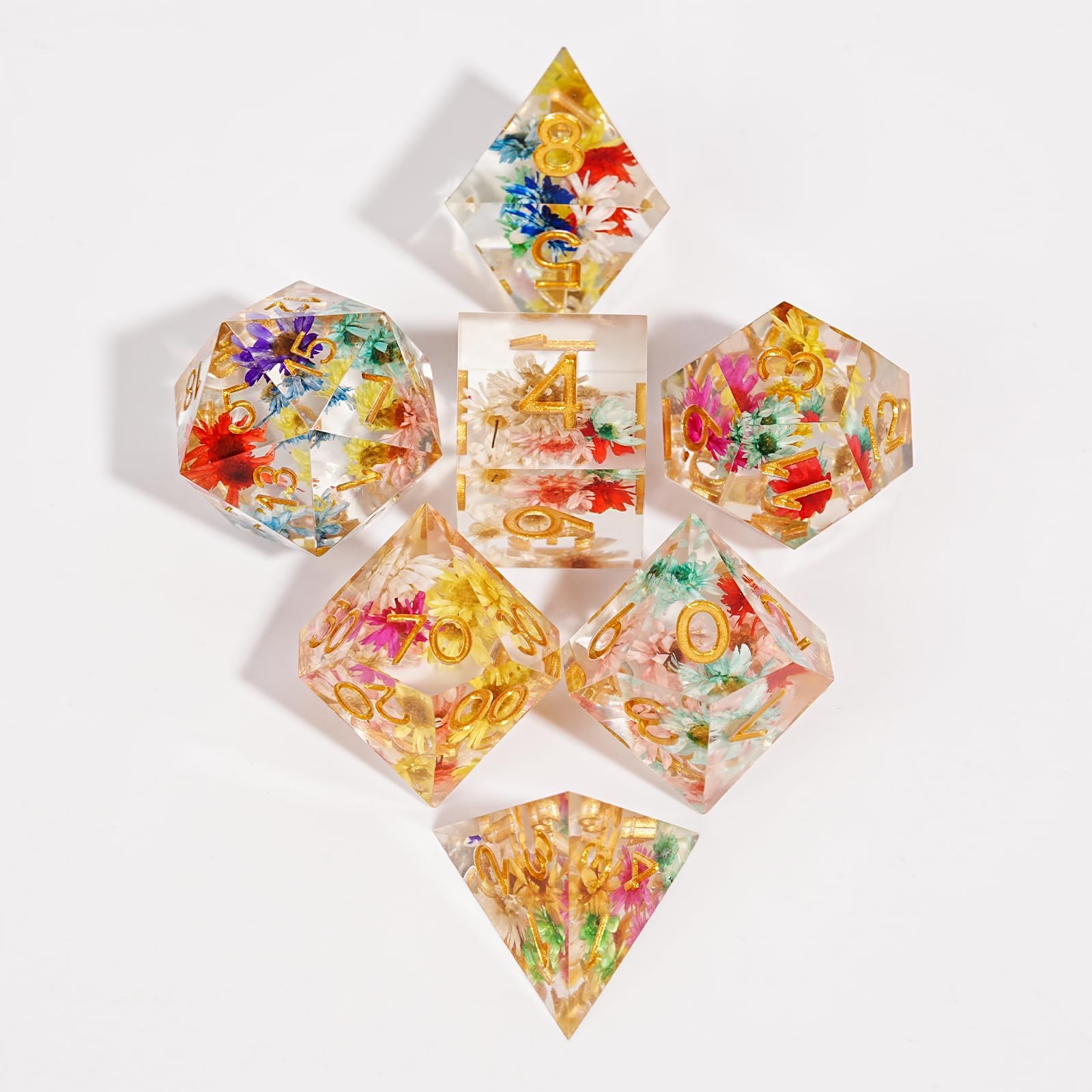 Resin DND Dice (7-Piece Set),Polyhedral Dice Set for Pathfinder Warhammer MTG Role-Playing Games,Golden Flower Liquid core dice（Translucent Flower Petal）