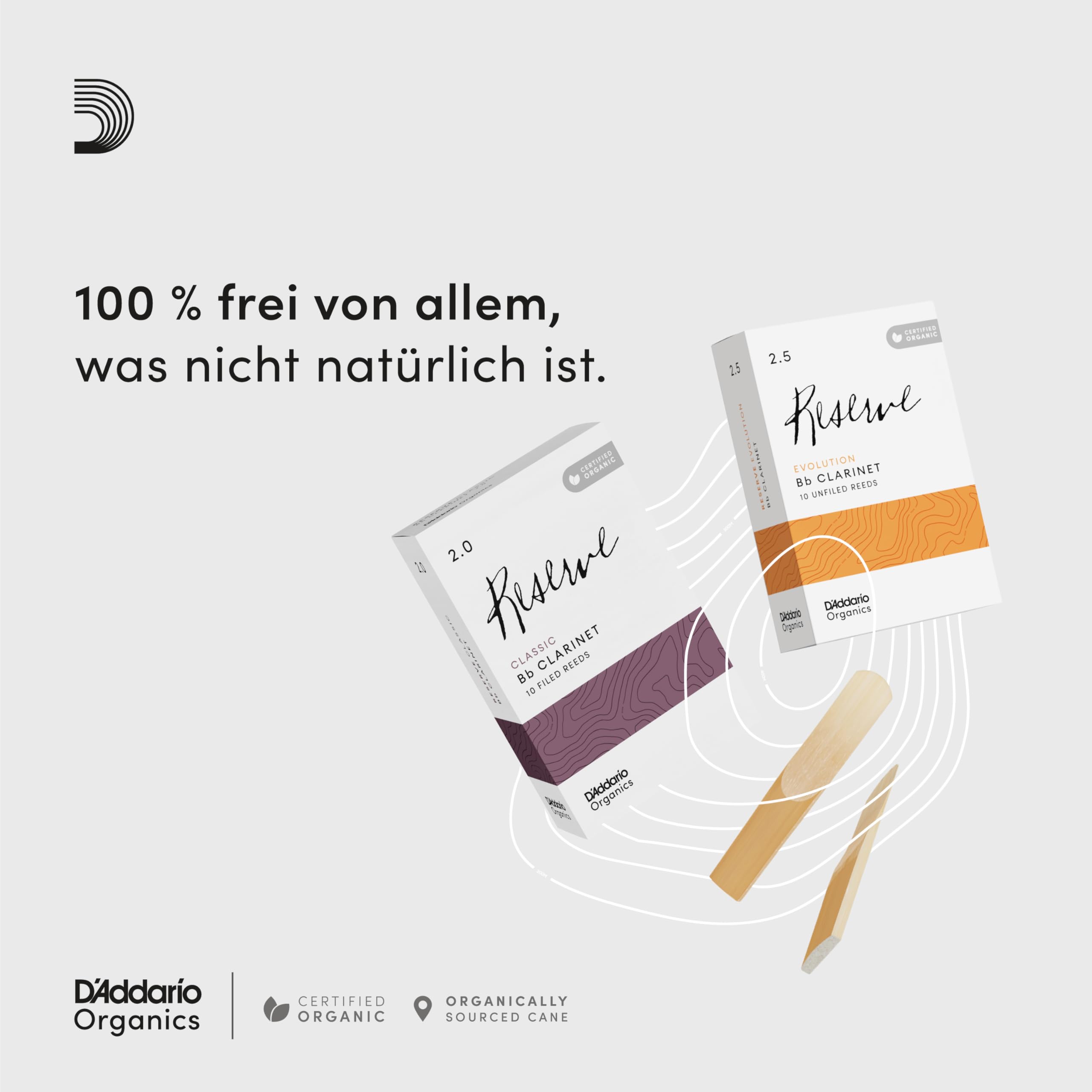D'Addario Organisch Reserve Bb Klarinettenblätter - Rohrblätter für Klarinette - Das erste und einzige Bio-Schilfrohr - 2.0 Stärke, 10 Packung