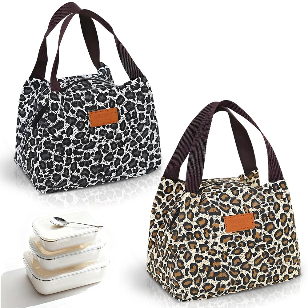 VorErgyllic Leopard Print Canvas Lunch Bag 2-Pack, Thermal Insulated Tote Bags Lunch Box for Women & Men Girls, Reusable Grocery Shopping Picnic Cool Bag(Dark & Light Leopard, 26x23x14cm) — image 1