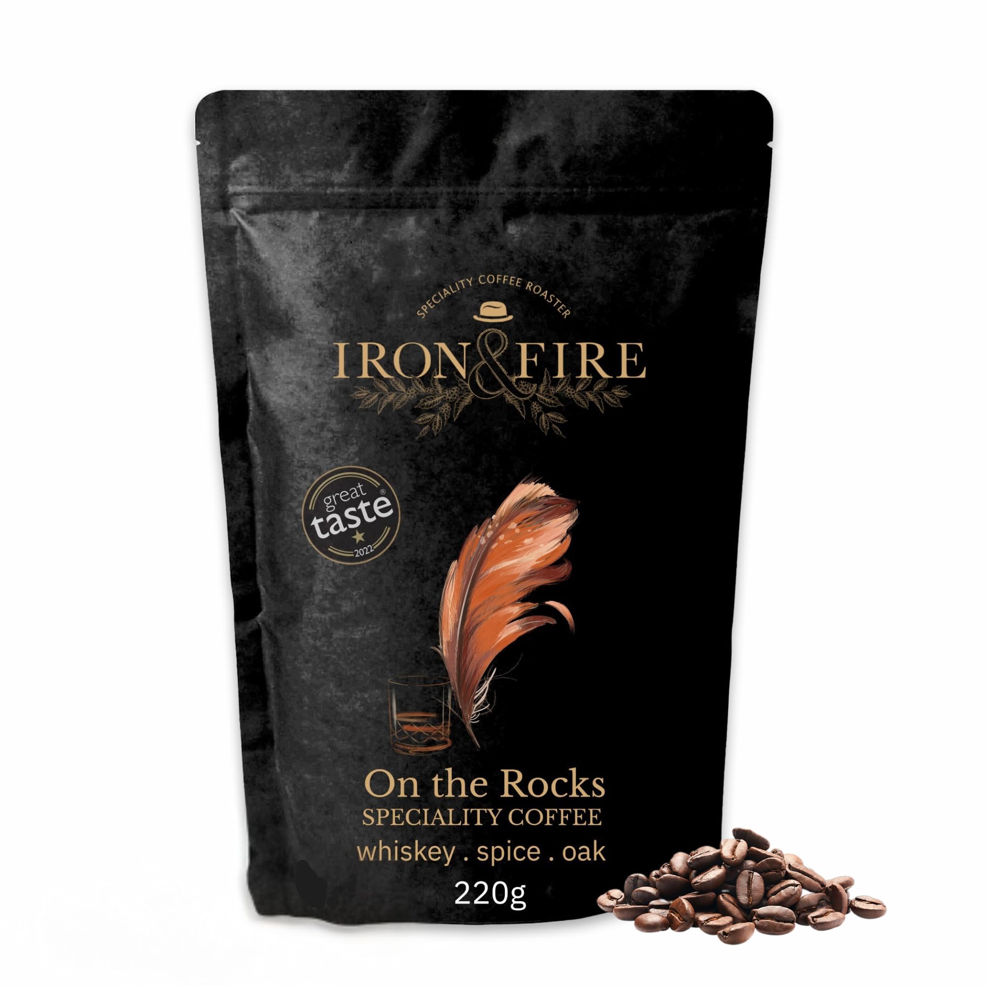 On the Rocks Whiskey Infused Coffee 220g Whole Beans - Medium Roast with Whiskey, Spice & Oak Notes | Ideal for Espresso, French Press & Flat White Lovers - IRON & FIRE