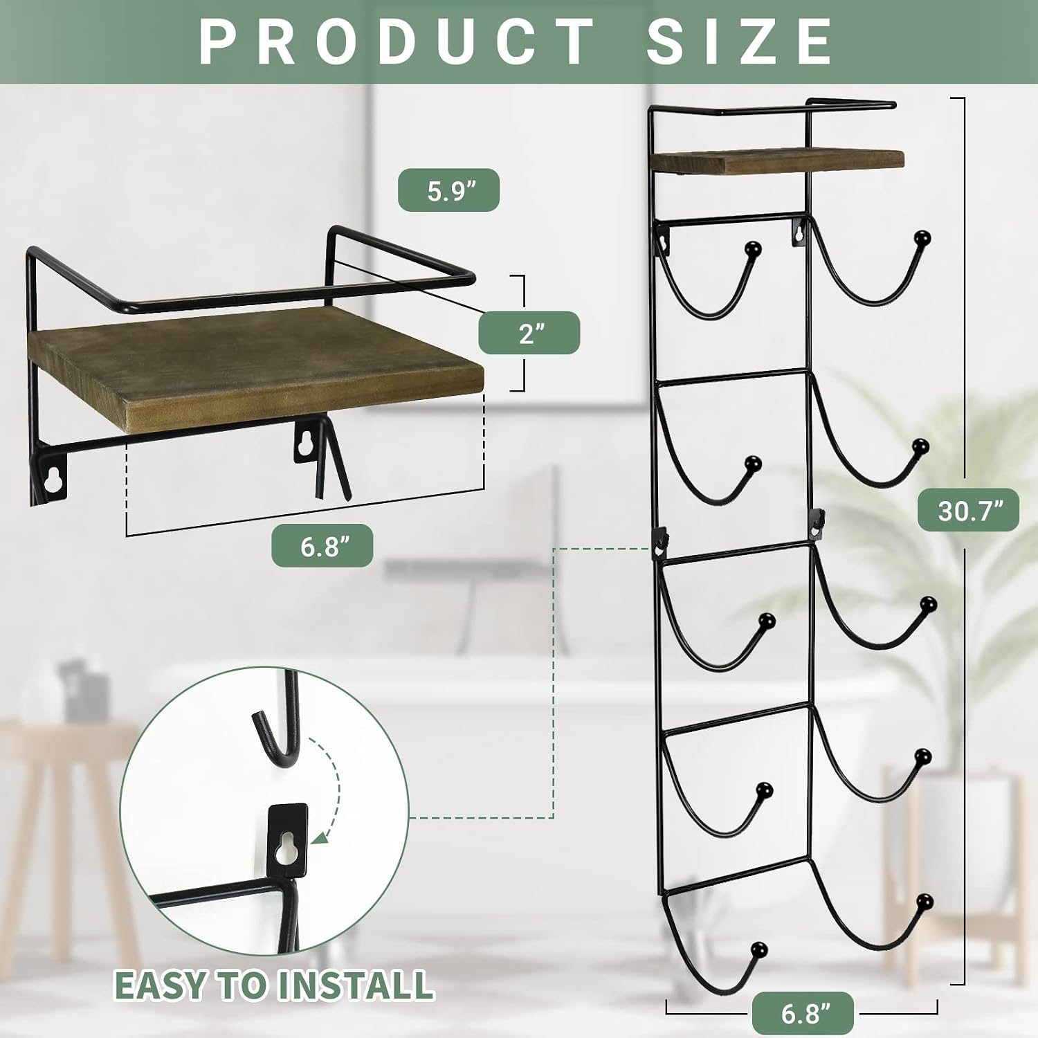 Towel Rack Wall Mounted with Top Shelf,Towel/Wine Rack Holder Organizer with 5 Compartments and Top Wooden Shelf for Bathroom Storage Bath Towels, 30.7" L x 7" W