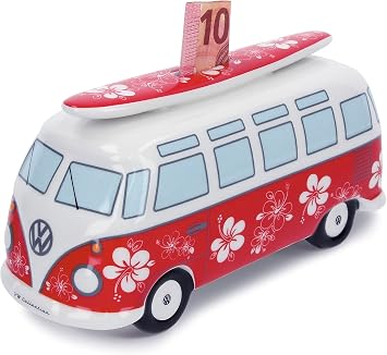 BRISA VW Collection - Volkswagen Savings Bank Piggy Bank with Surfboard in T1 Campervan Bus Samba Design Flower Power/Red