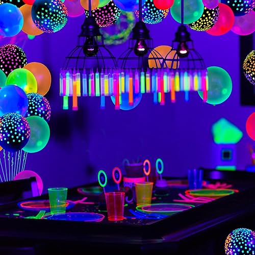 Miniatura 8 de Paquete de 109 globos de neón UV, iluminados, brillan en la oscuridad, reactivos a la luz negra, globos de látex fluorescentes de lunares,