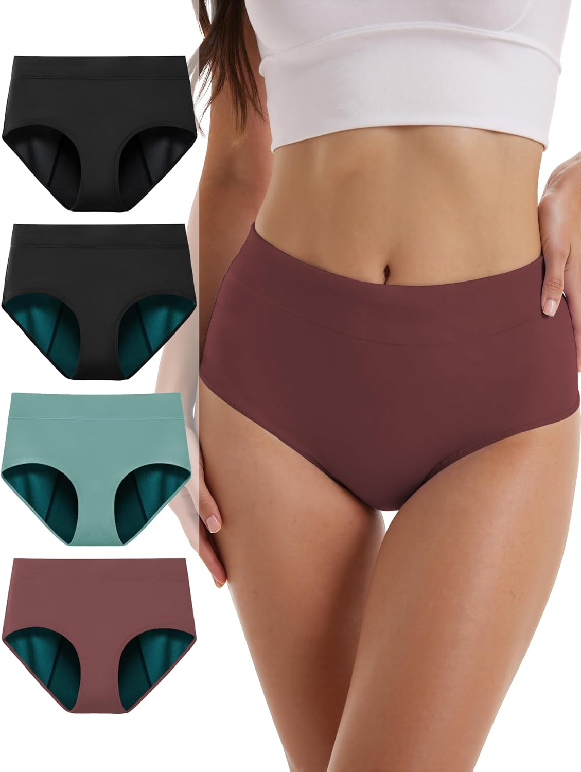 TIICHOO Incontinence Underwear for Women Leak Proof Panties High Waisted Period Briefs Heavy Flow 4 Pack(Large,1 Black/1 Black with Green Lining/1 Turquoise/1 Brown)