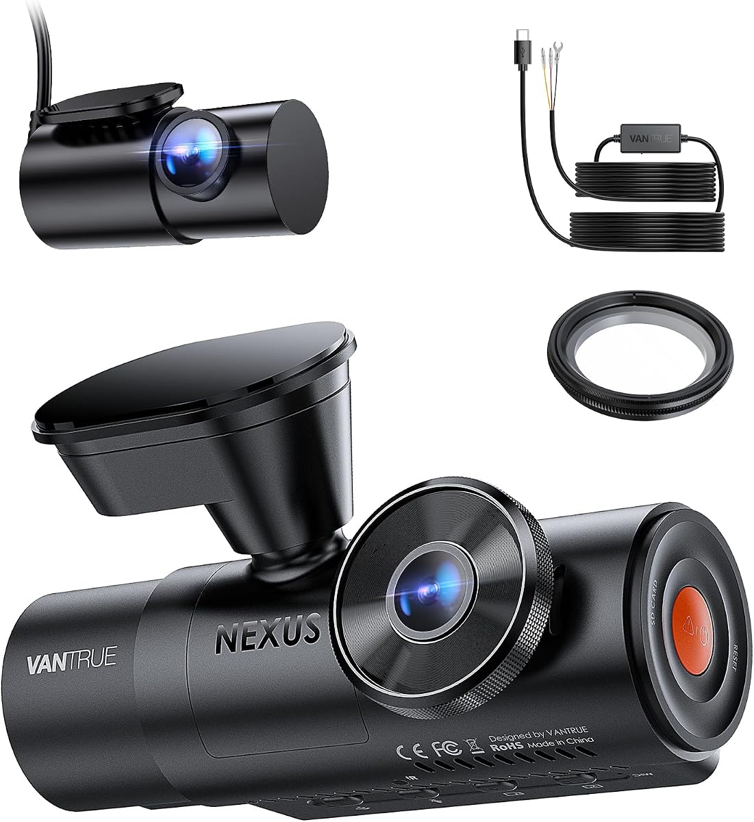 [Paquete de 2 artículos: Vantrue N4 Pro S Dash Cam y CPL y kit de cableado] Cámara de tablero triple STARVIS 2 para automóviles, 4K+1080P+2.5K delantera y trasera interior, visión nocturna por infrarrojos HDR, modo de estacionamiento con búfer 24 horas al día, 7 días a la semana, GPS