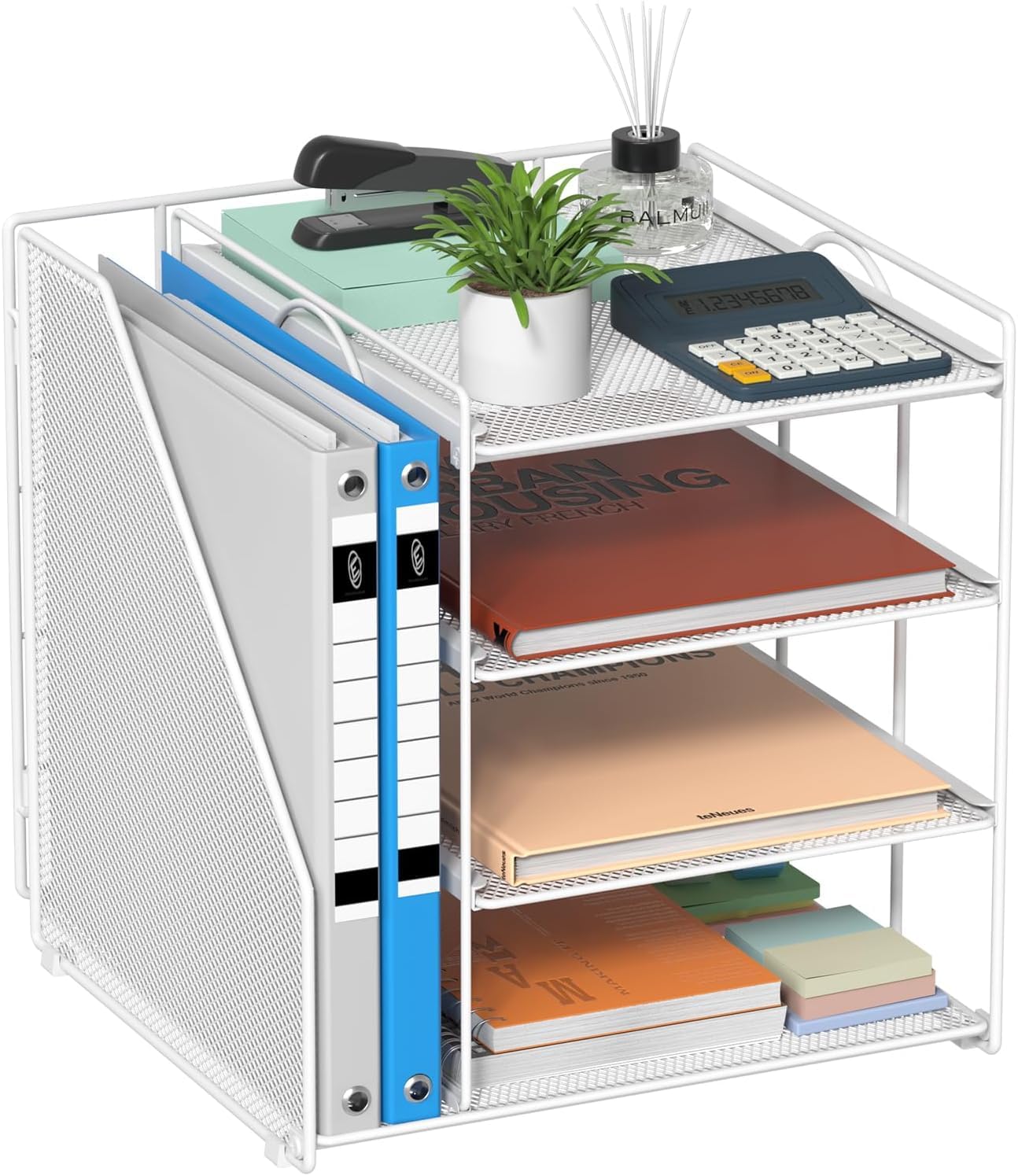 Desk Organizer with File Holder, 4-Tier Paper Tray Letter Organizer, Mesh Desk Accessories & Workspace Organizers for Office Supplies Storage (White)