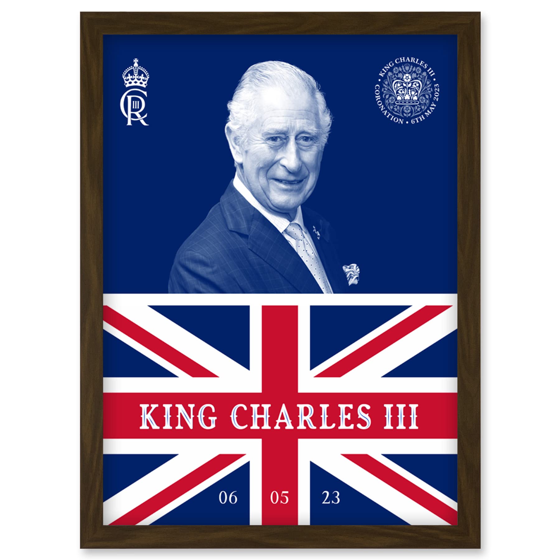 Artery8 King Charles III Coronation Date Crest Emblem Union Jack and Sovereign Artwork Framed Wall Art Print A4