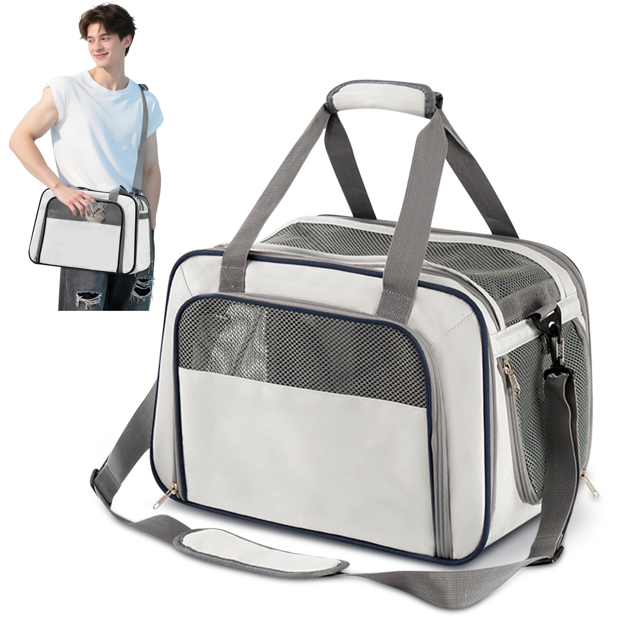ALLSOPETS Transportín Perro y Gato Plegable, Bolsa Transpirable con Cojín Extraíble, Transportín Homologado Cabina Avión para Coche, Tren, Veterinario (Gris Suave)