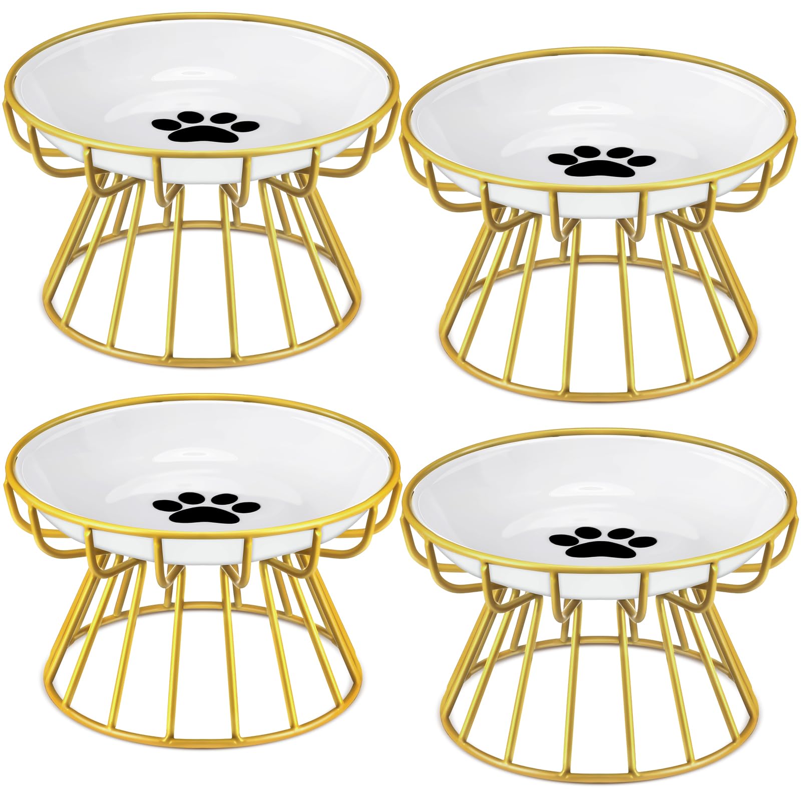 Roshtia 4 Sets Elevated Cat Bowls Ceramic Raised Cat Food Bowls with Metal Stand Dishwasher Safe Dishes Non Slip Elevated Food Plate(Gold,Paw)