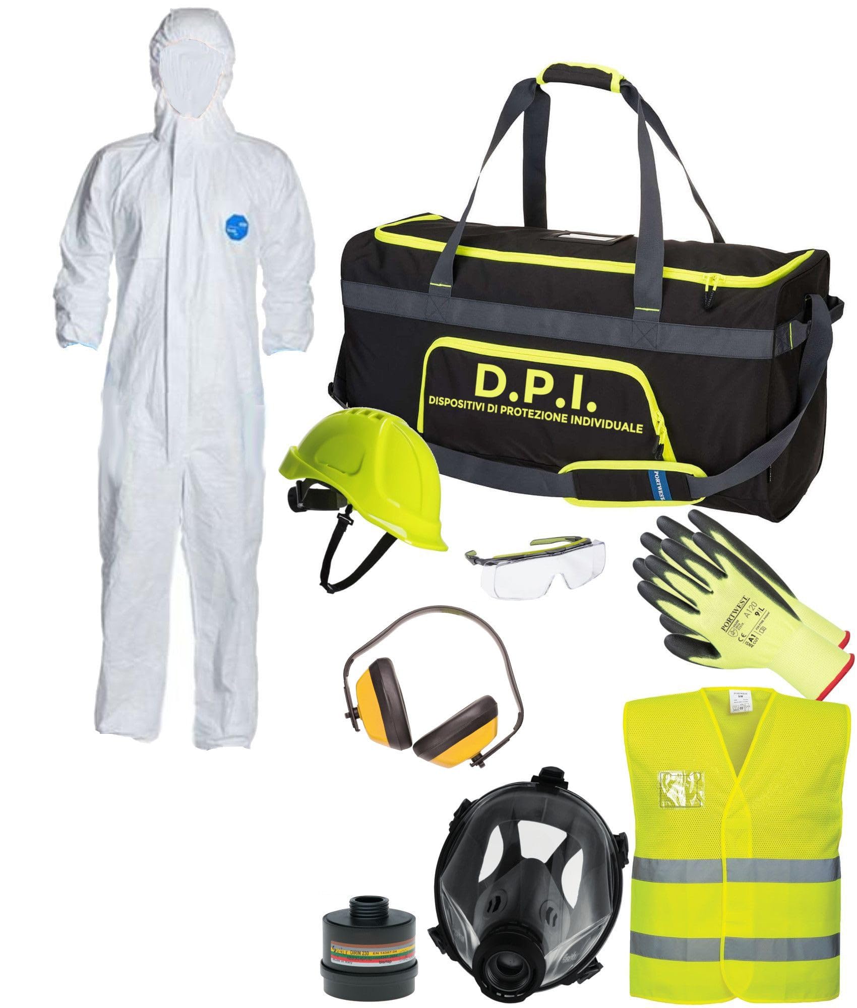 Kit Safemax con DPI dispositivi di protezione individuale di maggior utilizzo in borsone, prodotti vari per la protezione personale