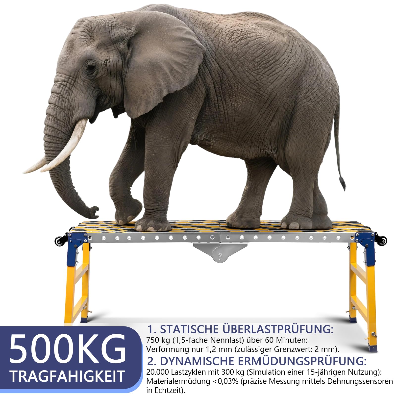 2 in 1 Stabil Arbeitsplattform + Mobiler Schweißtisch mit Antirutsch Klebestreifen, 160 * 36 cm Klappbare Arbeitsbühne Gerüst Werkbank Verzinkte mit Höhenverstellbar, 500 kg Belastbarkeit