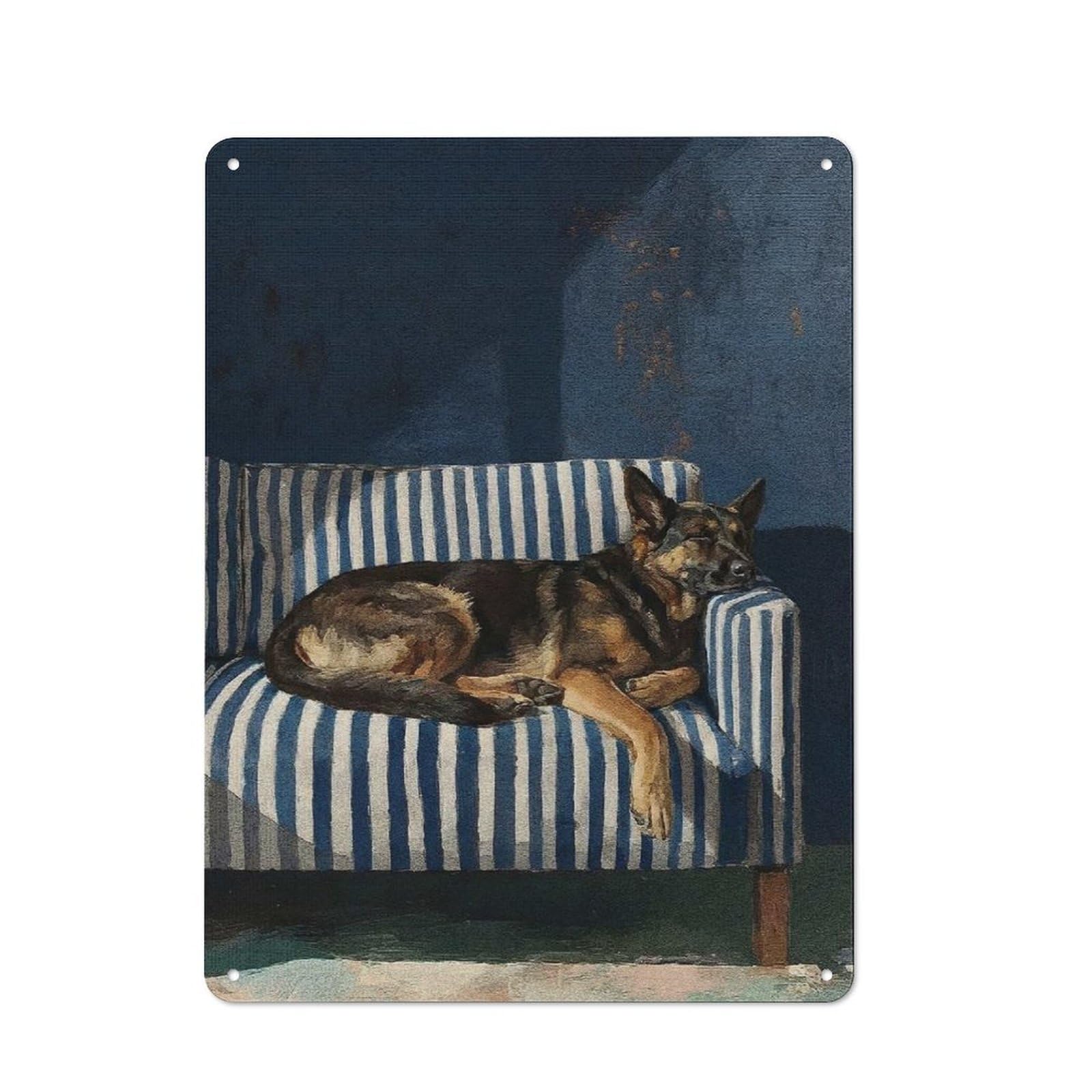 Sleeping German Shepherd on Striped Couch Urban Metal Wall Decor 40x30cm, Metal Wall Art Sign for Loft, Studio, Office Or Creative Room