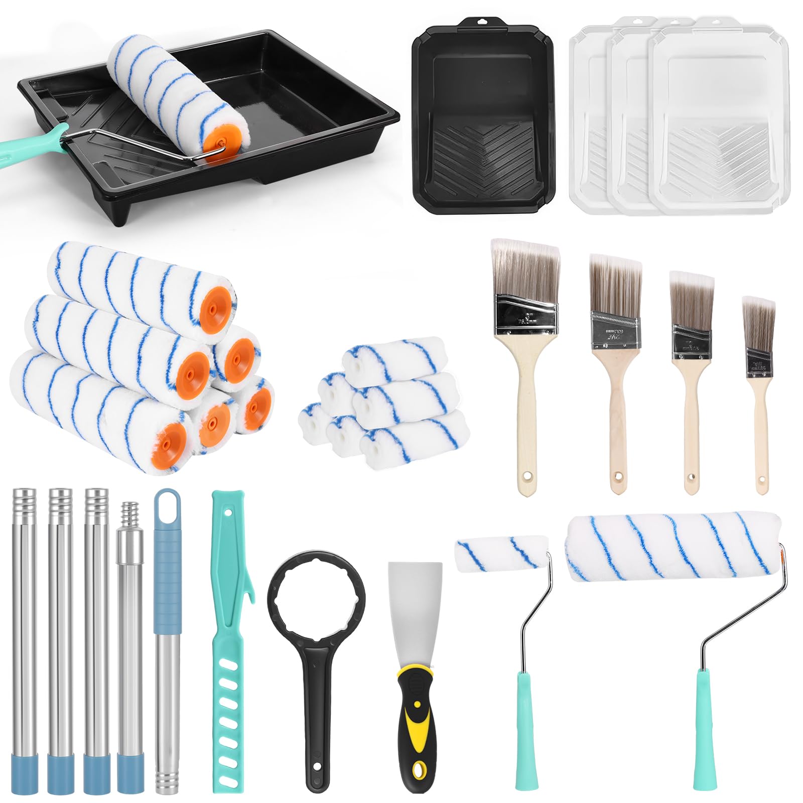 Paint Roller Set of 30, Paint Rollers and Trays Sets, 9 inch Roller Sets for Painting with Extension Pole, 12 Roller Sleeves, 5 Splicing Rods, 3 Paint Tray - for Painting Walls, Edges & Ceilings