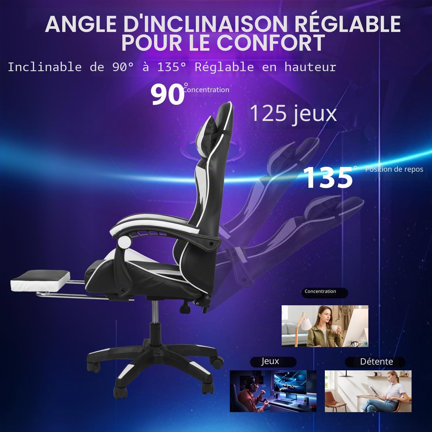 Chaise Gaming Ergonomique Massage à 2 Points, Fauteuil de Bureau avec Repose-Pieds, Appui-Tête & Lombaire Réglables, Capacité de Charge de 150 kg, Noir+Blanc