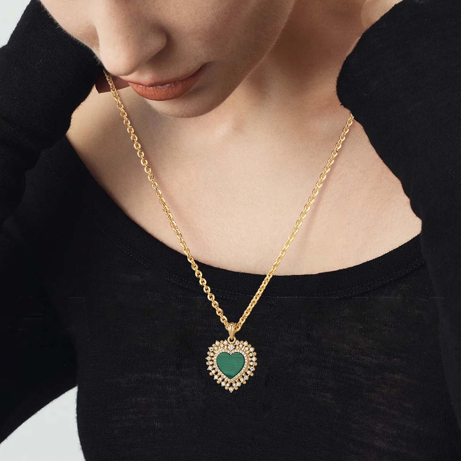 Fettero Necklaces for Women Trendy 14K Gold Plated Charm Necklace Green Malachite Heart Coin Butterfly Cross Clover Pendant Dainty Gold Necklace for Women Jewelry - Image 2