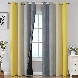 Grey and Yellow Blackout Curtains 84 Inch Length 2 Panels Set, Blackout Curtains for Living Room, Thermal Insulated Gradient Drapes, Light Blocking Ombre Curtains for Boys Bedroom, 52W x 84L Inches